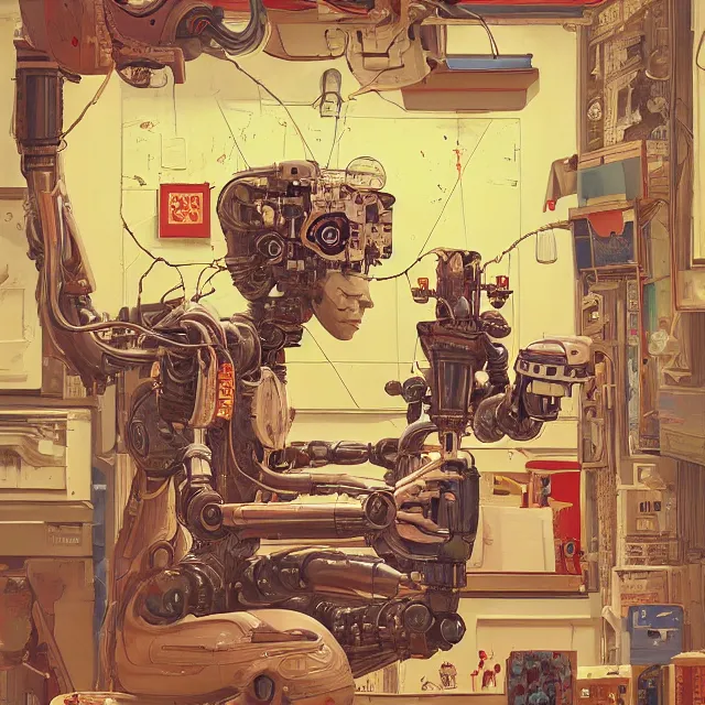 Image similar to robot artist painting a self - portrait on a canvas. intricate, highly detailed, digital matte painting, in the style of alexandros pyromallis, and in the style of sachin teng, and in the style of hans thoma, and in the style of clyde caldwell. irony, recursion, inspiration.