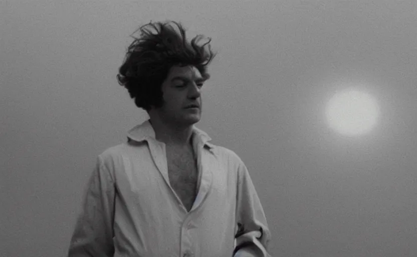 Image similar to screenshot of Julian Moore in 2001 Space Oddyssey (1968) by Stanley Kubrick, 4k still frame, windy hair, cinematic lighting, stunning cinematography, hyper detailed scene, anamorphic lenses, kodak color film stock