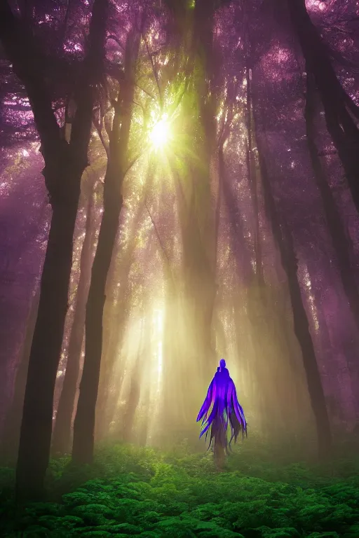 Image similar to a gigantic shaman figure within the purple forest as the sunlight breaks through the trees, neon blue cloak, smoke, smog, roots, mycelium, vines, ultradetailed, volumetric lighting, 4k UHD.