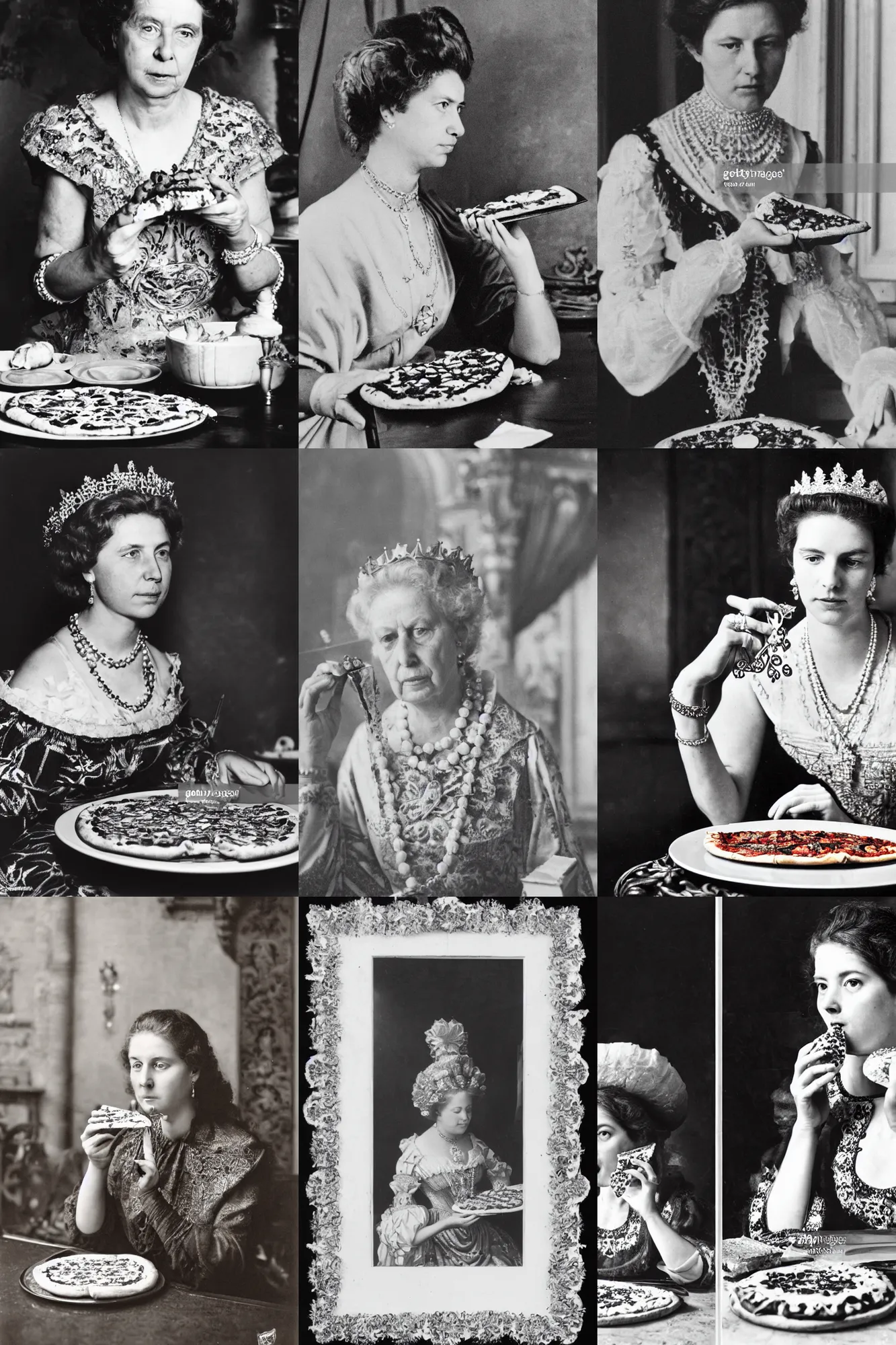 Prompt: a beautiful historical photo of royal queen margherita of savoy eating a pizza margherita, intricate ornaments in background, black and white photo, sharp focus, smooth lighting, torn edges