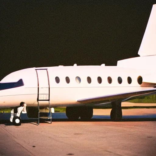 Prompt: photo of black man standing in front of private jet, depth of field cinestill, 800t, 35mm, full-HD