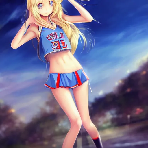 Image similar to a very beautiful young anime basketball girl, full body, long wavy blond hair, sky blue eyes, full round face, short smile, bikini, miniskirt, highly detailed, cinematic wallpaper by stanley artgerm lau