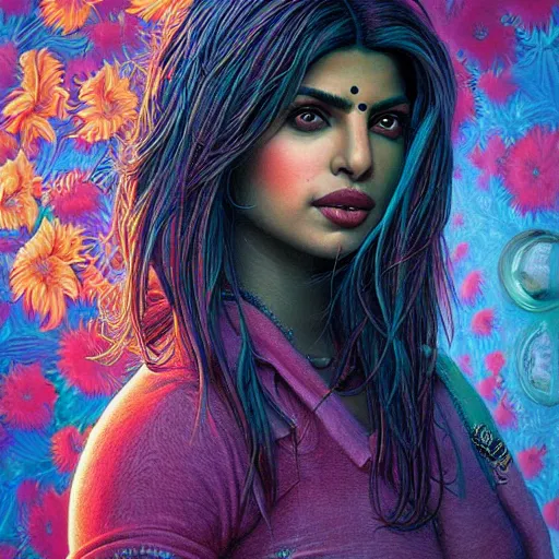 Prompt: portrait of priyanka chopra, hyper detailed masterpiece, neon floral pattern, jean giraud, digital art painting, darkwave goth aesthetic, psychedelic, artgerm, donato giancola and tom bagshaw