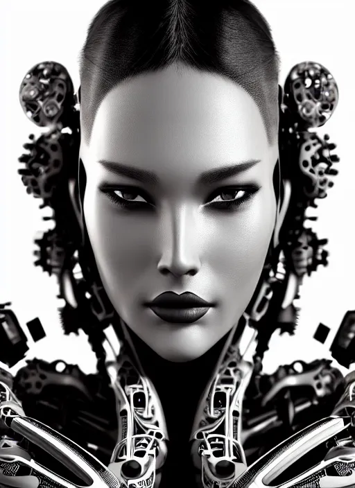 Image similar to a stunning young female cyborg profile face, face is made intricate tribal bio - mechanical, bw, unreal engine, glamor shot, nikon d 7 5 0, closeup, f / 2. 8, low contrast, 1 6 k, rim lighting, optical fiber, cinematic lighting, insanely detailed and intricate, hypermaximalist, elegant, ornate, hyper realistic,