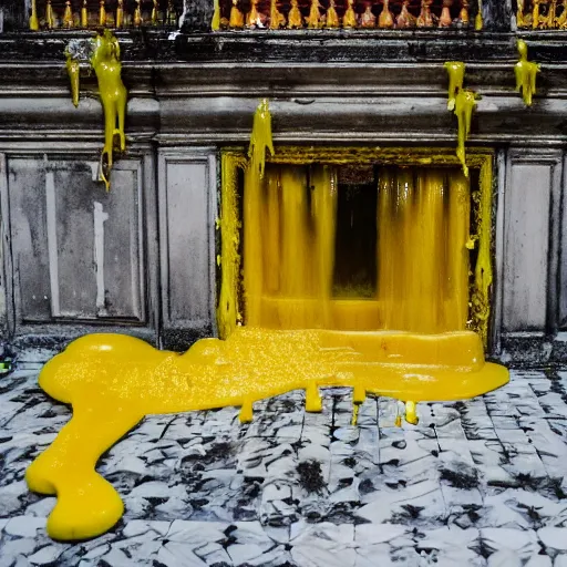 Prompt: a horrific creature dripping yellow goo inside a grand palace