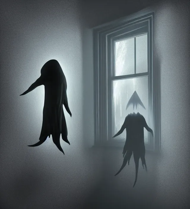 Image similar to a nightmare humanoid ghost monster alien standing in front of a window, moon light through the window, volumetric lighting, hyperealistic, 4 k, inspired by stephen king, inspired by lovecraft, inspired by jeffrey smith