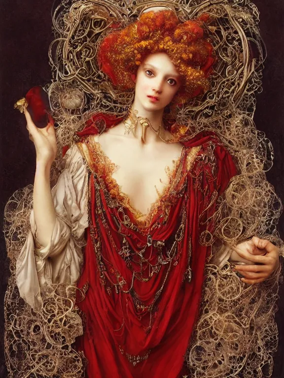 Image similar to a beautiful render of a baroque catholic veiled red queen with symmetry intricate detailed heart sculpture,by Lawrence Alma-Tadema, peter gric,aaron horkey,Billelis,trending on pinterest,hyperreal,jewelry,gold,intricate,maximalist,glittering,golden ratio,cinematic lighting