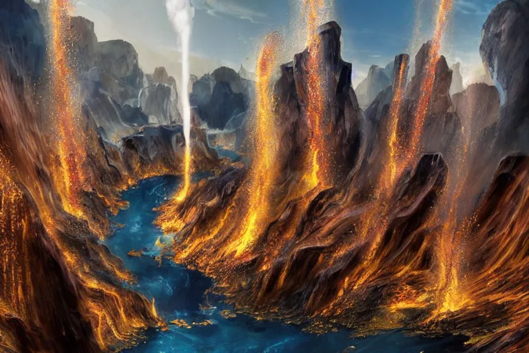 Image similar to High-end luxurios futuristic city with Singaporean royal gold lush volcano erupting, volcano lava destruction, set on Antelope Canyon with white thermal waters flowing down gold travertine terraces and lava overflowing, relaxing, ethereal and dreamy, thunderstorms and multiversal tornado, visually stunning, from Star Trek 2021, illustration, by WLOP and Ruan Jia and Mandy Jurgens and William-Adolphe Bouguereau, Artgerm