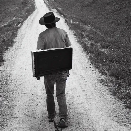 Image similar to man holding a guitar by its neck walking down a dirt road with his back to the camera. low camera angle, greyscale, album cover