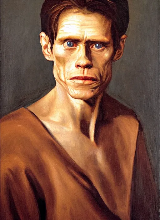 Image similar to portrait painting of young willem dafoe, renaissance oil painting, studious chiaroscuro