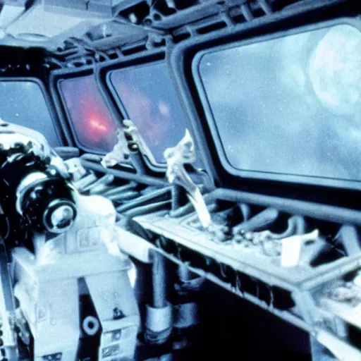 Image similar to a still from inside a rebel speeder during the battle of hoth in the empire strikes back