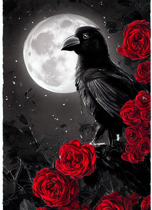 Image similar to portrait, A crow with red eyes in front of the full big moon, book cover, red roses, red white black colors, establishing shot, extremly high detail, foto realistic, cinematic lighting, pen and ink, intricate line drawings, by Yoshitaka Amano, Ruan Jia, Kentaro Miura, Artgerm, post processed, concept art, artstation, matte painting, style by eddie mendoza, raphael lacoste, alex ross