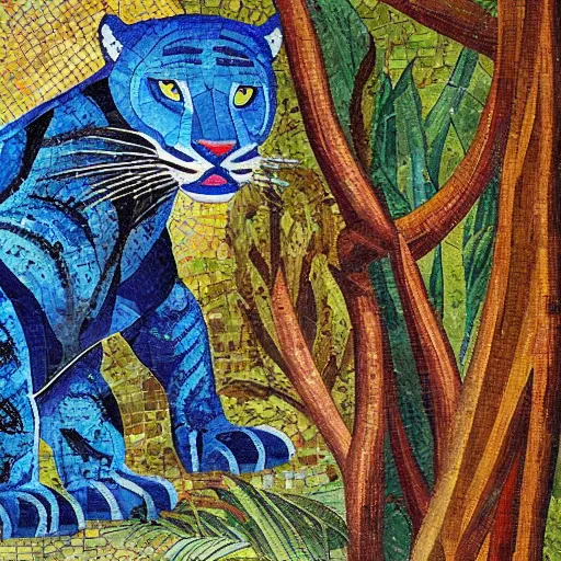 Image similar to church painting of the god of nature, the blue panther, hyperdetailed, mosaic