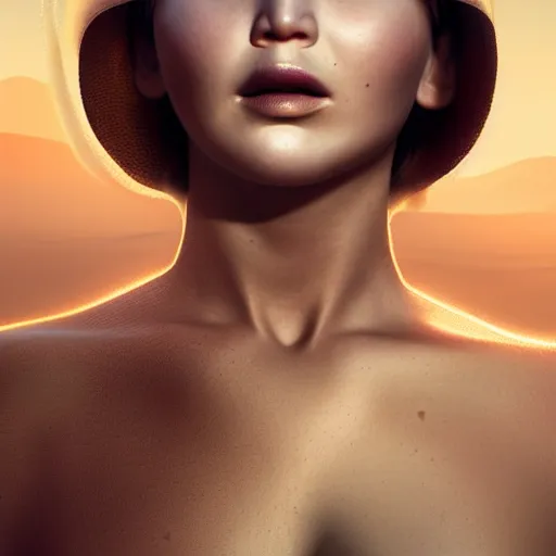 Image similar to jennifer lawrence giesha demon, innovative avant - garde art, deco fashion, asian women, highly detailed, photorealistic portrait, serene desert setting, golden hour, crisp quality and light reflections, octane render