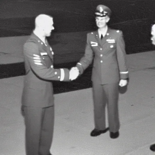 Prompt: classified photograph of gray alien greeting air force captain, grainy photo, specular highlights, 3 5 mm lens, government archive photograph