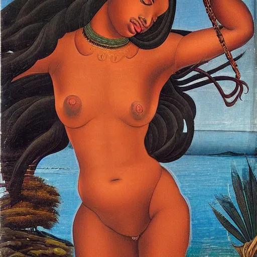 Prompt: full body painting Botticelli Black African goddess rising from the sea