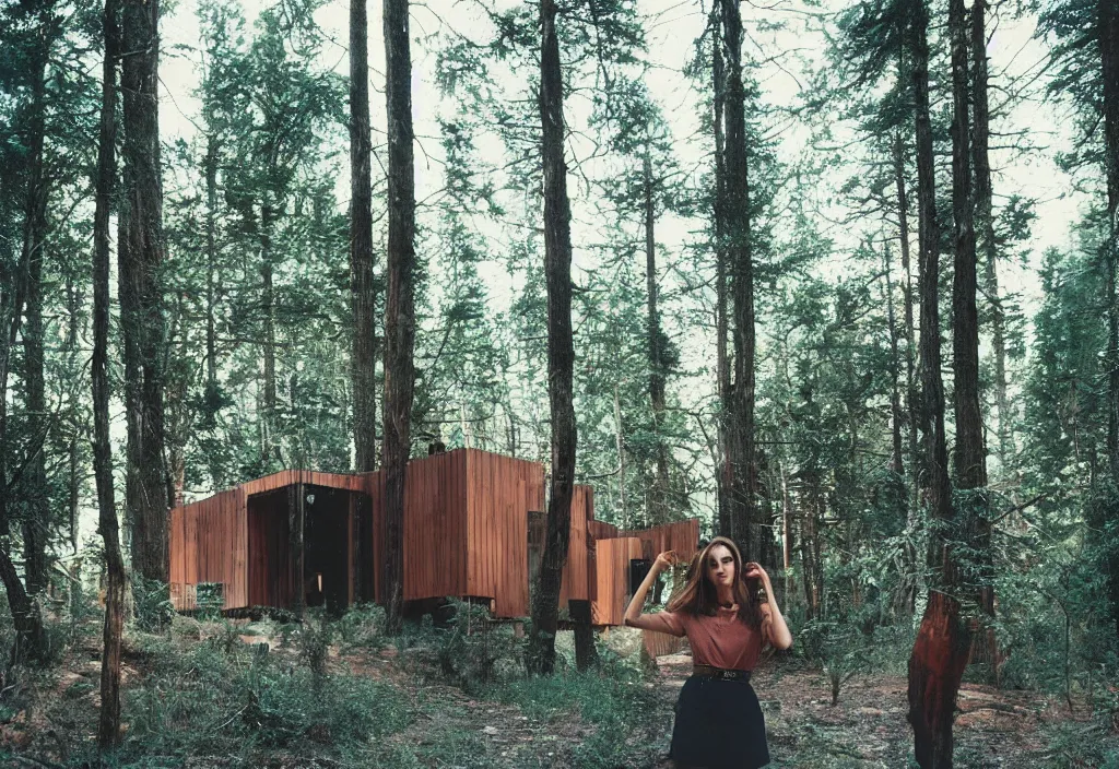 Image similar to lomo photo of adelaide kane standing i front of a modern forest cabin, cinestill, bokeh, out of focus