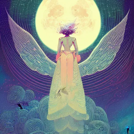 Image similar to an highly detailed illustration of an angel of the moon luna, in the heavens by victo ngai, peter mohrbacher digital art saturated colors