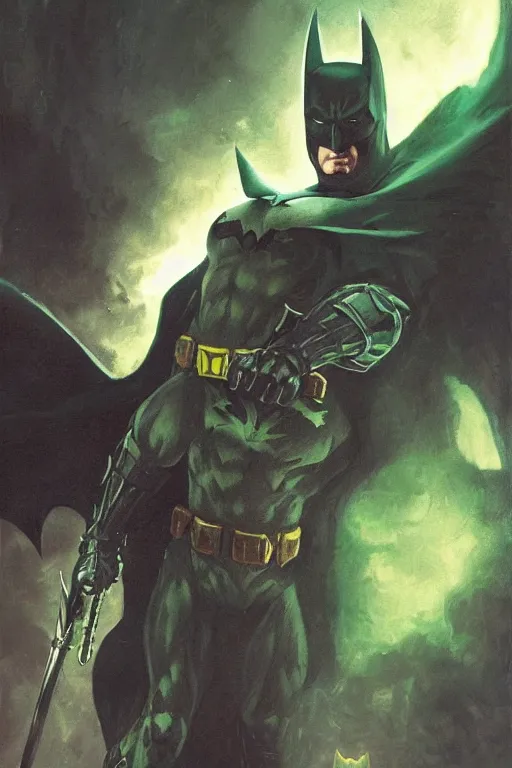 Image similar to angry batman, with dark ghost smokes around, green scary lights, sci - fi, fantasy, intricate, dark fantasy color scheme, gaston bussiere, craig mullins, j. c. leyendecker, frank frazetta, cinematic, mysterious, artgem, unreal engine