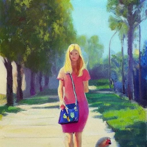 Prompt: “an impressionist vivid painting of a cute blonde girl walking on a sunny day, carrying a handbag with a cute pet mouse in it. Trending on artstation, wide angle”