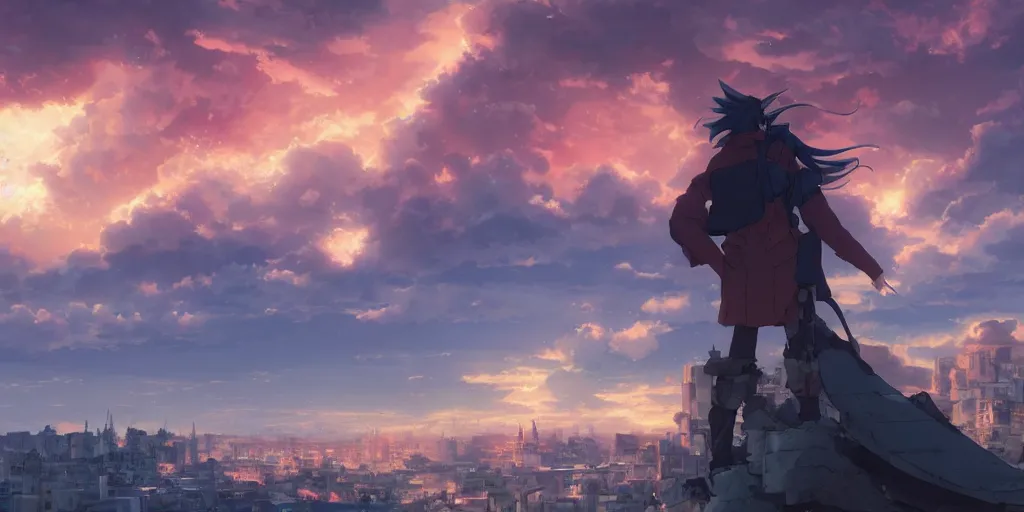 Image similar to anime character in front of an apocalyptic city and the clouds are burning, hyperrealistic, trending on pixiv fanbox, painted by greg rutkowski makoto shinkai takashi takeuchi studio ghibli, akihiko yoshida