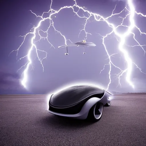 Image similar to futuristic flying car emerging from a portal in the sky made of circular lightning, thunderstorm at night, 28mm dramatic photo