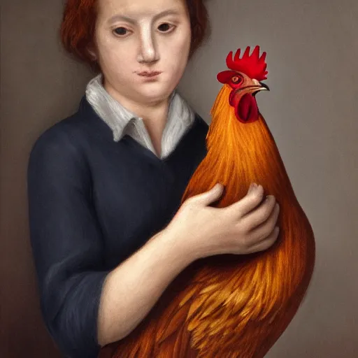 Image similar to A realistic image of a very sad woman holding a rooster in her hands, ultra high detail, 8k.