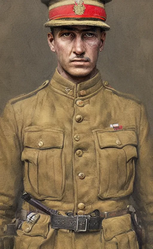 Image similar to portrait of a wwi british army officer, male, detailed face, first world war, 2 0 th century, highly detailed, cinematic lighting, digital art painting by greg rutkowski