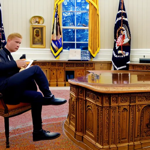 Image similar to professional photograph of yung lean sitting in the oval office desk speaking to a news reporter at night time, 8 k, very detailed, very intricate,