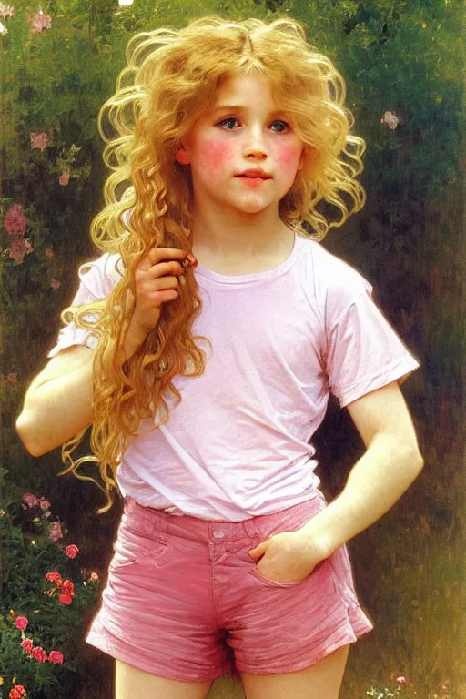 Prompt: a seven - year old freckle - faced girl with long curly dirty blonde hair, blue eyes, tan skin a pink tee shirt and shorts, playing with a fox, painting by daniel gerhartz, alphonse mucha, bouguereau, detailed art, artstation