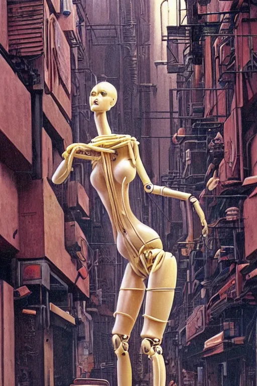 Prompt: a highly detailed retro futuristic female manikin made out of pasta standing in a dank alleyway from blade runner, a robot made out of pasta, arms and legs made out of spaghetti, body made out of rigatoni, beautiful highly symmetric face, painting by Peter Andrew Jones and Greg Hildebrandt