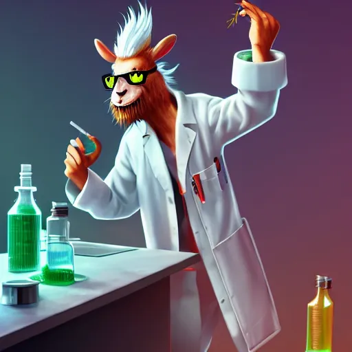 Image similar to a mad scientist goat in lab coats mixing acids, digital art, trending on artstation and unreal engine, deviantart, smooth, hyper detailed, award - winning, hd