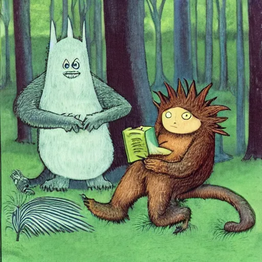 Image similar to monster reading a book in a forest, where the wild things are, bicycle, log, oil on canvas, calm, maurice sendak