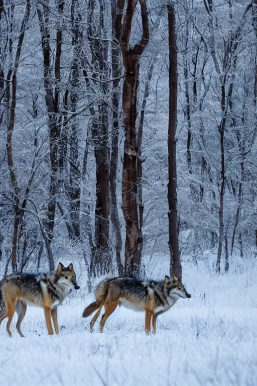 Prompt: wolves in forest winter