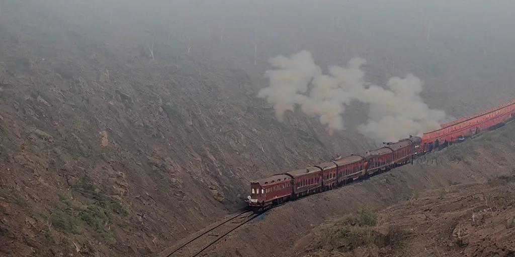 Image similar to industrial mine, pollution, haze, baotou china, steam train,