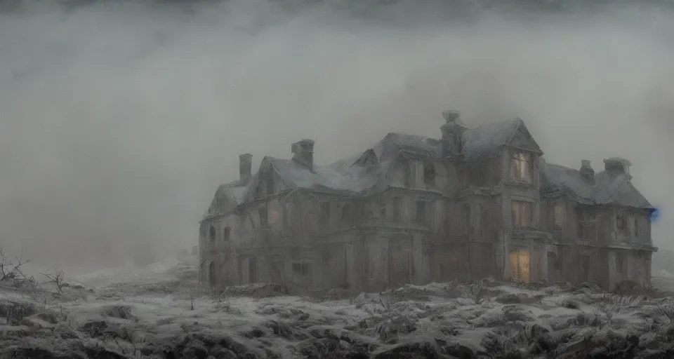 Image similar to landscape painting of a creepy decrepit mansion in the middle of a desolate tundra, post apocalyptic, at dusk, hazy atmosphere, everything is cold and frozen, dramatic lighting