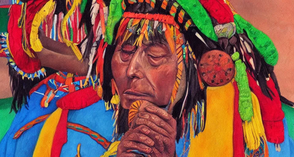 Prompt: a beautiful realistic painting of an indigenous shipibo shaman sitting and singing, full body, vibrant colors, in the style of Pablo Amaringo--height 1705