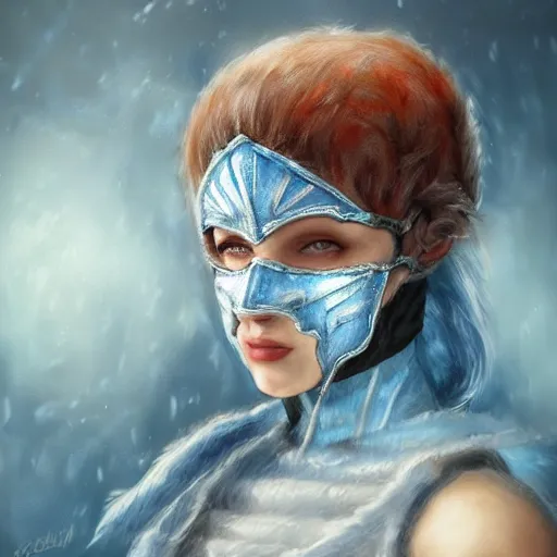 Prompt: art, bandit from ‘ icewind dale ’ with a frost blue gem mask lined with copper, ‘ icewind dale 2 ’ profile portrait by ‘ justin sweet ’, falling snow, soft focus, illustration, oil paint, trending artstation