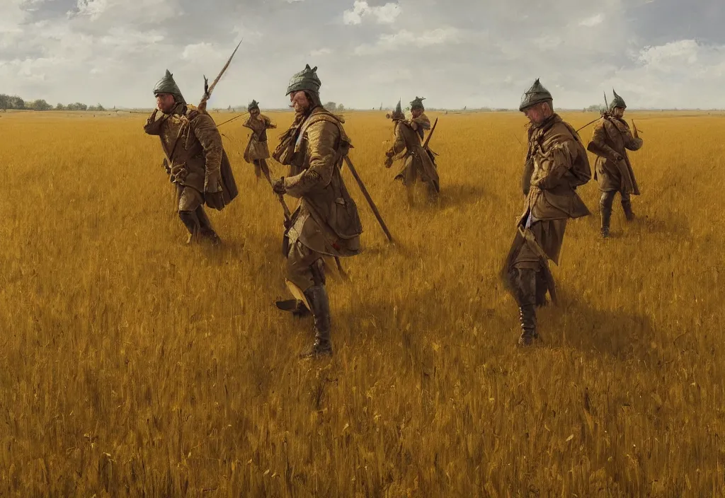 Prompt: swedish carolean soldiers marching across a wheat field, artstation, jakub rozalski, smoke, high detail