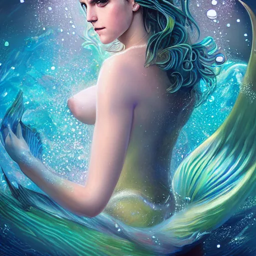 Image similar to a epic mark brooks painting of emma watson as a mermaid under water, 8 k, ultra detailed, lighting, water bubbles, sparkling, beautiful scaly mermaid tale, illustration, trending on art station, digial art by lois van baarle