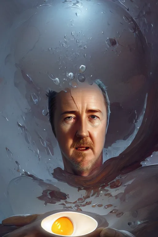 Image similar to edward norton face inside a boiled egg with the eggshell cracking and falling off, hyper detailed, digital art, artstation, cinematic lighting, studio quality, smooth render, by peter mohrbacher, hajime sorayama, wayne barlowe, boris vallejo, aaron horkey, gaston bussiere, craig mullins