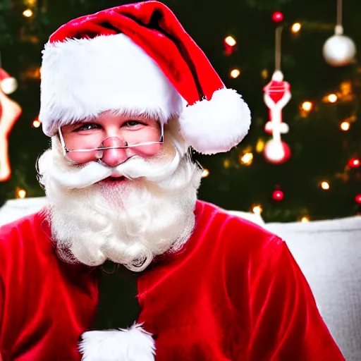 Prompt: santa claus is sitting on santa claus's knee, photography, sharing hat with santa