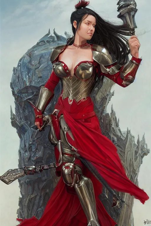 Prompt: Lady in Red armor, Dark blue hair, beautiful face features, light brown skin, green eyes, practical armor, ornamental, symmetry, by donato giancola, by RossDraws, by leng jun, matte painting, D&D, high fantasy, full body picture, no extra limbs, no extra character, trending on artstation artstationHQ, artstationHD, octane, cgsociety