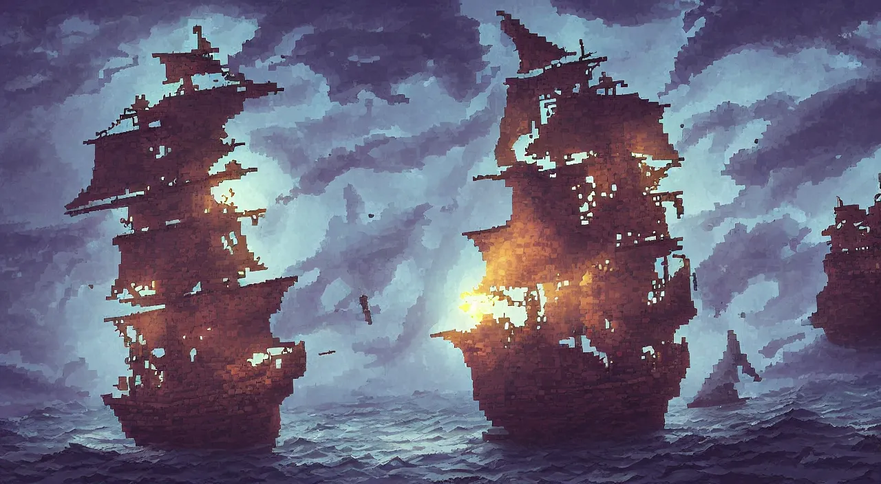 Image similar to Pixelart of a ghost pirate ship with a Jolly Roger flag, volumetric lighting, digital pixel art, pixiv, by Aenami