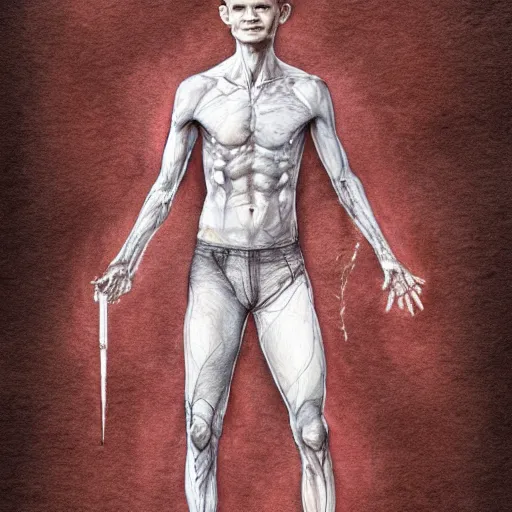 Image similar to full body sketch of vitalik buterin, perfect anatomy, full body, watercolor background, pencil art, ink and pencil, hyperrealistic, hyperdetailled, digital art, greg rutkowski, artstation, 8 k, beautiful drawing, paper texture, spray paint, watercolors