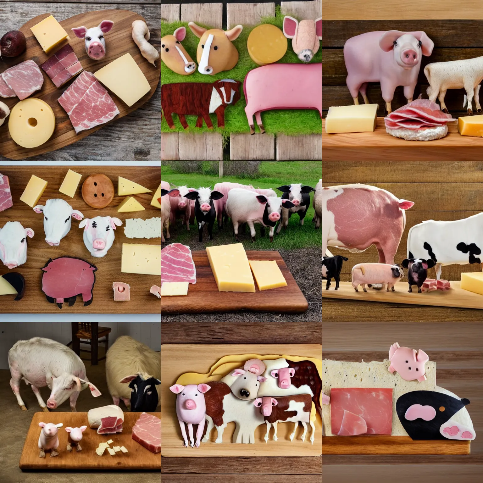 Prompt: A group of farm animals (cows, sheep, and pigs) made out of cheese and ham, on a wooden board. There is a dog in the back- ground eyeing the board hungrily