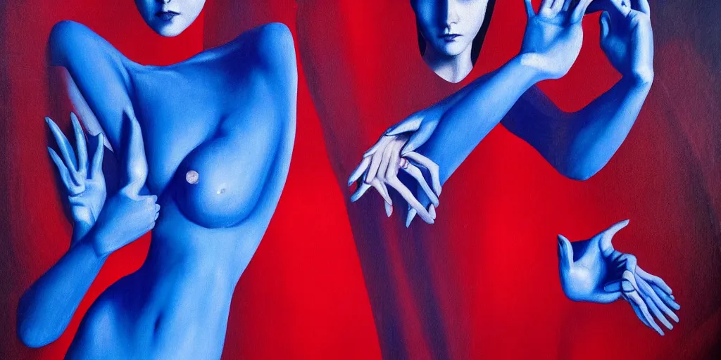 Image similar to only with blue, high fashion model shooting a cop, too many hands in all directions, in hoc signo vinces, waterfall, in the style of leonora carrington, gottfried helnwein, intricate composition, blue light by caravaggio, insanely quality, highly detailed, masterpiece, red light, artstation