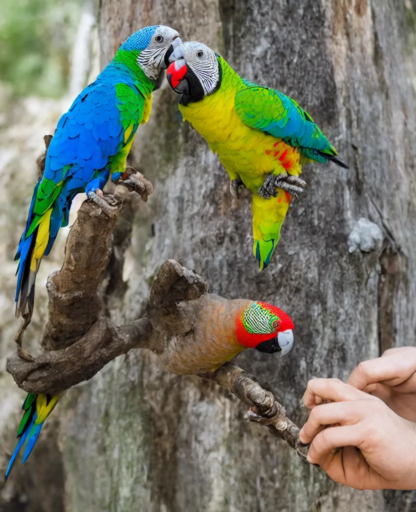 Prompt: polandrock parrot answering a cellphone