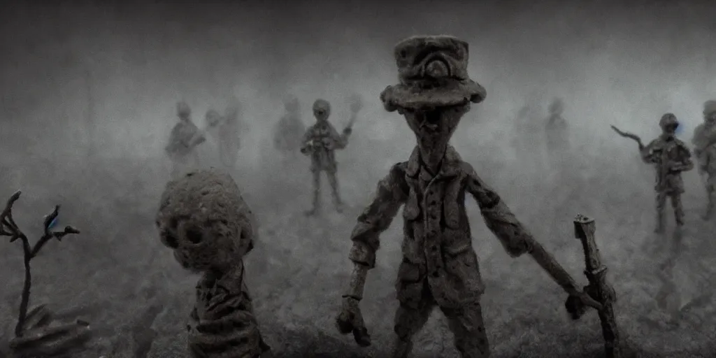 Image similar to the world war 3, surrealistic detailed claymation art, dark, moody, foggy