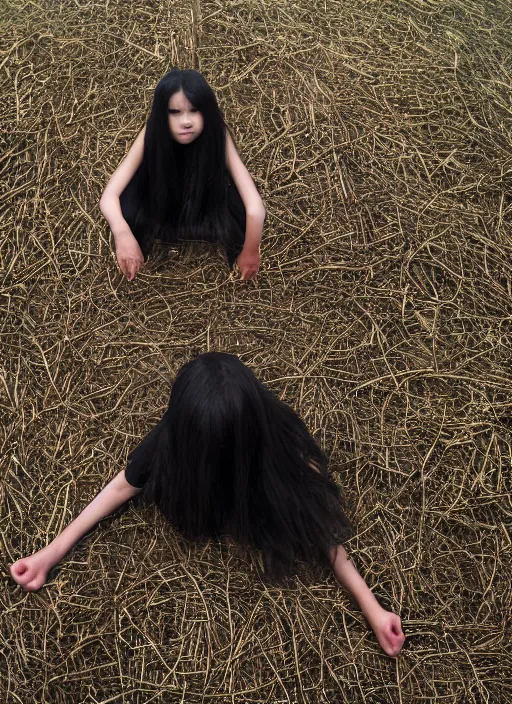 Prompt: a 1 4 year old girl with straight long black hair wearing black dress that sitting on bathroom floor, photo by patrick dougherty